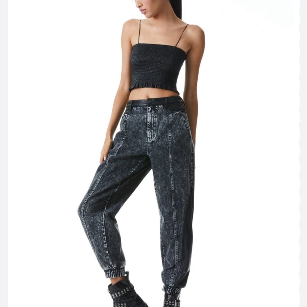 Alice+Olivia Jenny Black denim leather combo vegan  jeans